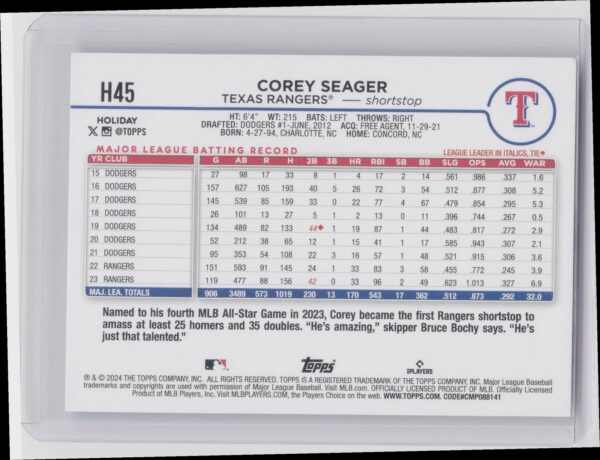 2024 Topps Holiday Corey Seager #H45 Rangers - Image 3