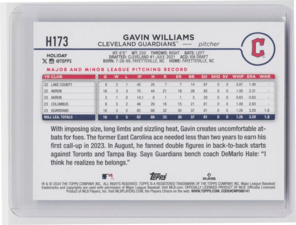 2024 Topps Holiday Gavin Williams Rookie H173 Guardians - Image 3