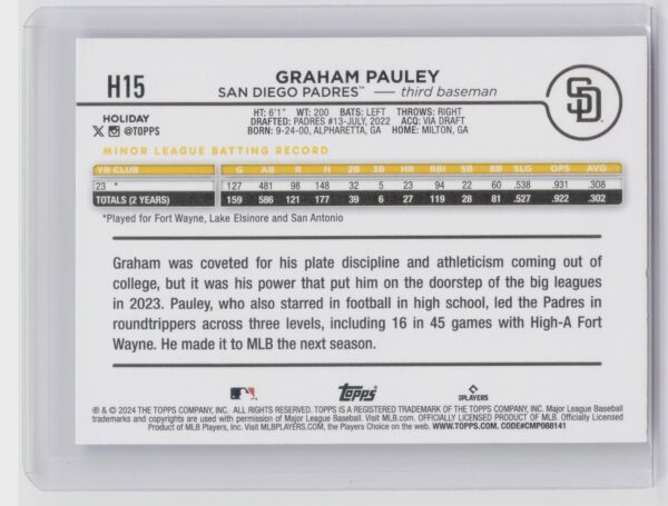2024 Topps Holiday Graham Pauley H15 Padres - Image 3