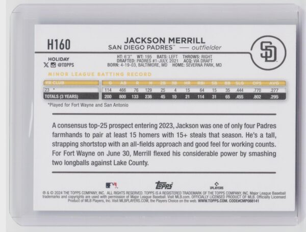 2024 Topps Holiday Jackson Merrill RC #H160 Padres - Image 3