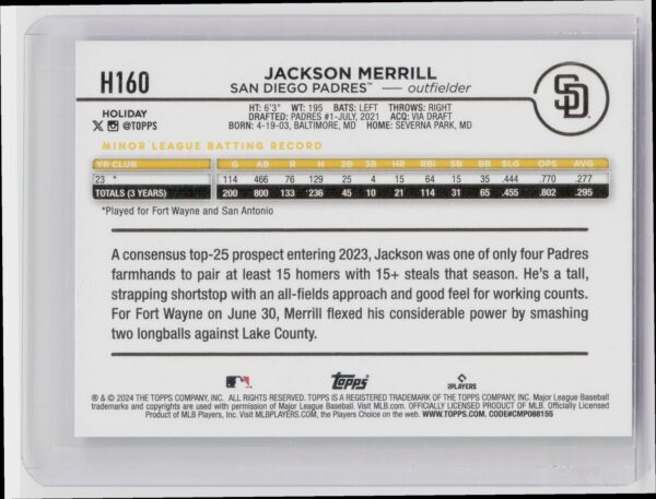 2024 Topps Holiday Jackson Merrill SP Candy Cane Bat VAR RC #H160 Padres - Image 3