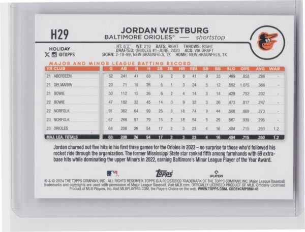 2024 Topps Holiday Jordan Westburg Holiday Tree Blue Metallic #H29 Orioles - Image 3