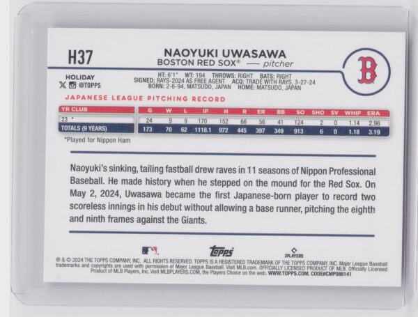 2024 Topps Holiday Naoyuki Uwasawa RC #H37 Sox - Image 3