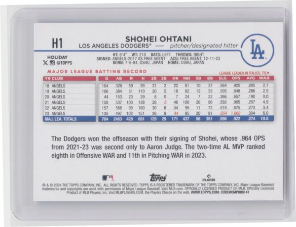 2024 Topps Holiday Shohei Ohtani H1 Dodgers - Image 3
