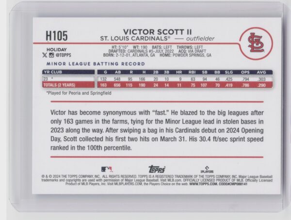 2024 Topps Holiday Victor Scott II Rookie H105 Cardinals - Image 3
