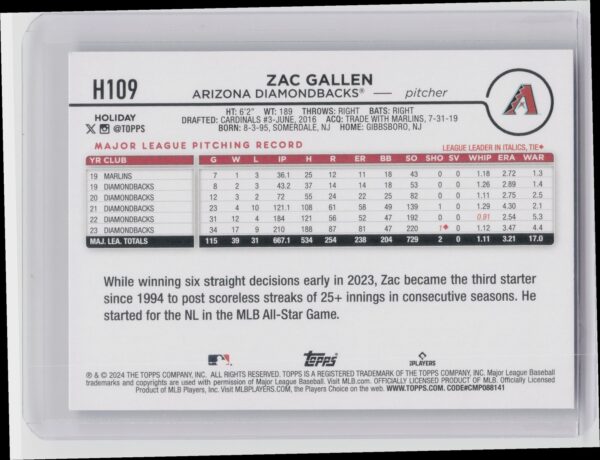 2024 Topps Holiday Zac Gallen Holiday Tree Blue Metallic #H109 Diamondbacks - Image 3