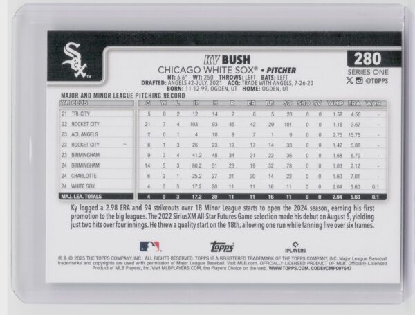 2024 Topps Ky Bush #280 White Sox - Image 3