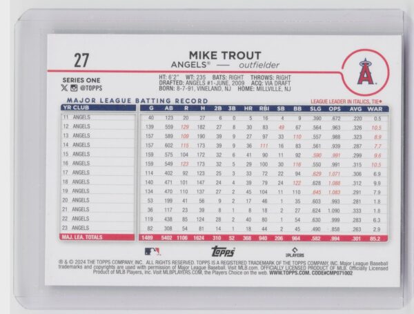 2024 Topps Mike Trout #27 Angels - Image 3
