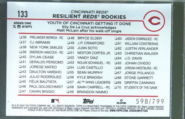 2024 Topps Resilient Reds Rookies: Youth of Cincinnati Purple Holofoil /799 - Image 3