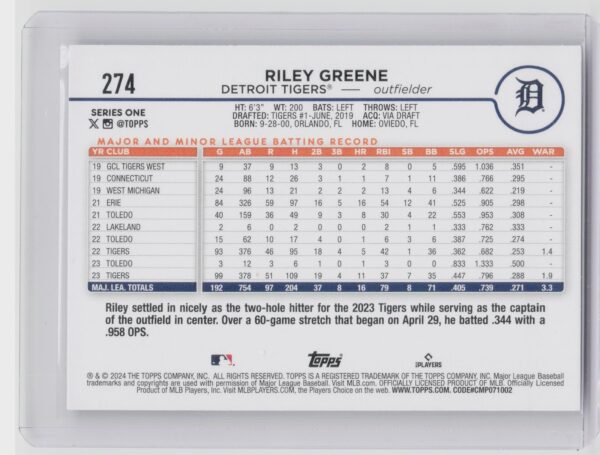 2024 Topps Riley Greene #274 Tigers - Image 3