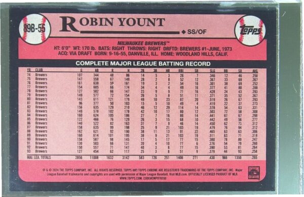 2024 Topps Robin Yount #89B-55 Brewers 1989 35th Anniversary Foil - Image 3