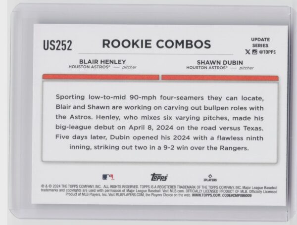 2024 Topps Update Blair Henley  / Shawn Dubin RC #US252 Astros - Image 3