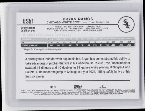 2024 Topps Update Bryan Ramos RC #US51 Sox - Image 3