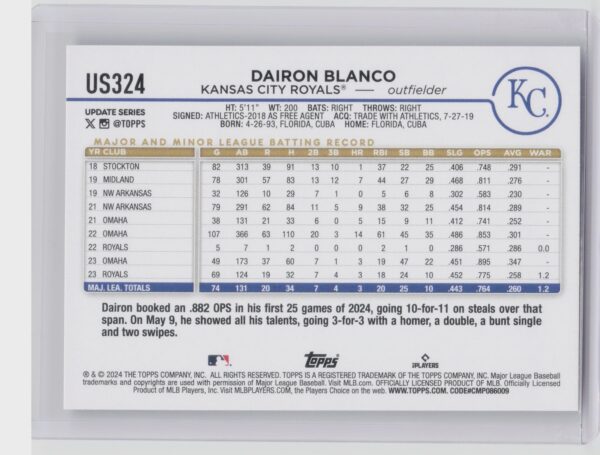 2024 Topps Update Dairon Blanco #US324 Royals - Image 3