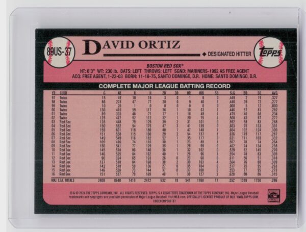 2024 Topps Update David Ortiz #89US-37 Sox 1989 Topps Baseball 35th Anniversary - Image 3