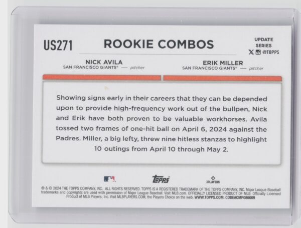 2024 Topps Update Erik Miller / Nick Avila RC #US271 Giants - Image 3