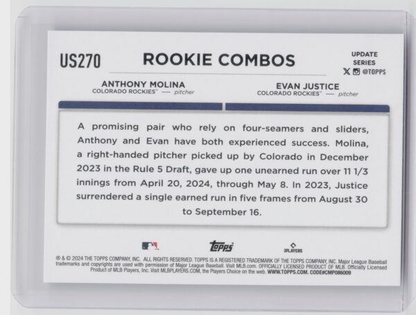 2024 Topps Update Evan Justice  / Anthony Molina RC #US270 Rockies - Image 3