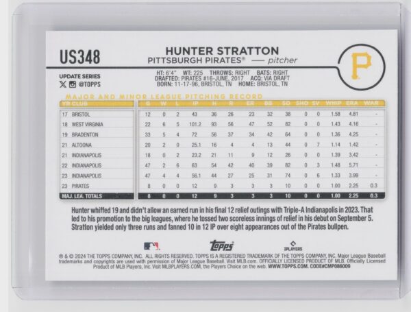 2024 Topps Update Hunter Stratton RC #US348 Pirates - Image 3