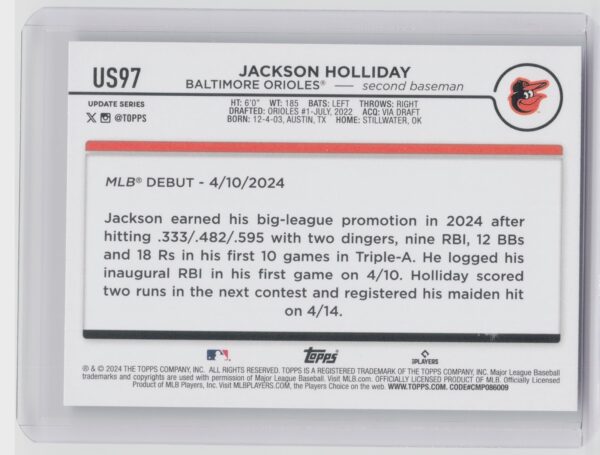 2024 Topps Update Jackson Holliday RC #US97 Orioles - Image 3