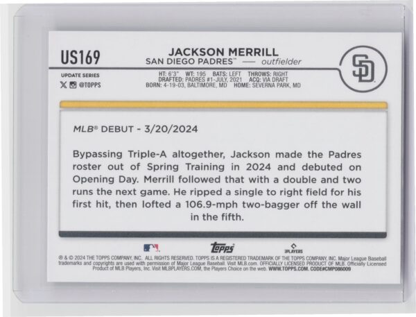 2024 Topps Update Jackson Merrill #US169 Padres - Image 3