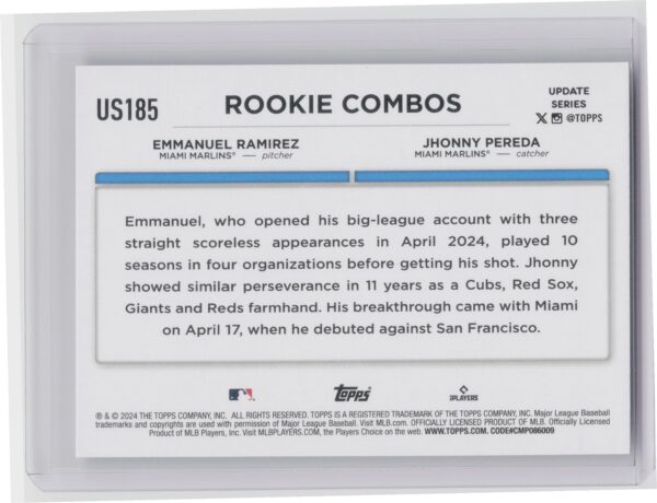 2024 Topps Update Jhonny Pereda  / Emmanuel Ramirez RC #US185 Marlins - Image 3