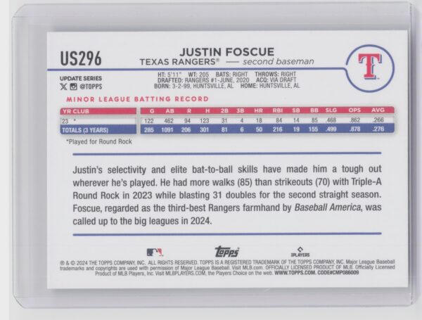 2024 Topps Update Justin Foscue RC #US296 Rangers - Image 3