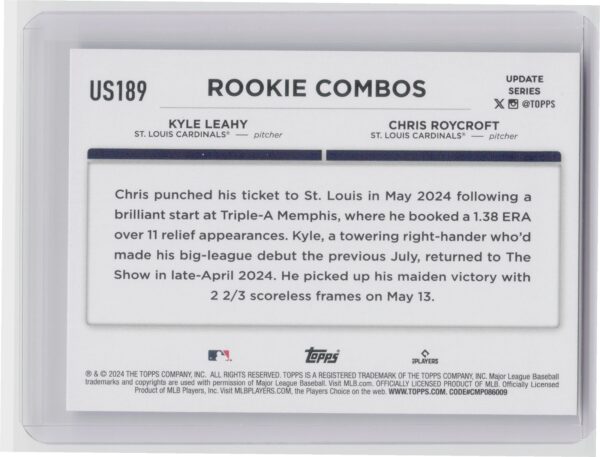 2024 Topps Update Kyle Leahy / Chris Roycroft RC #US189 Cardinals - Image 3