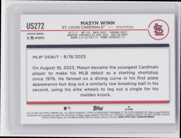 2024 Topps Update Masyn Winn #US272 Cardinals - Image 3