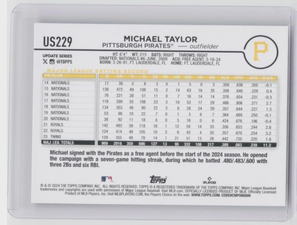 2024 Topps Update Michael Taylor #US229 Pirates - Image 3