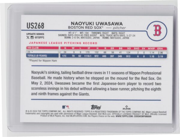 2024 Topps Update Naoyuki Uwasawa RC #US268 Sox - Image 3