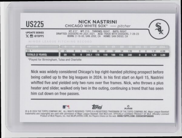 2024 Topps Update Nick Nastrini RC #US225 Sox - Image 3