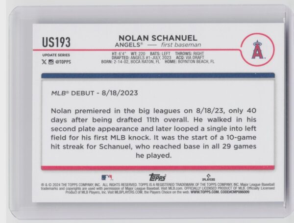 2024 Topps Update Nolan Schanuel #US193 Angels - Image 3