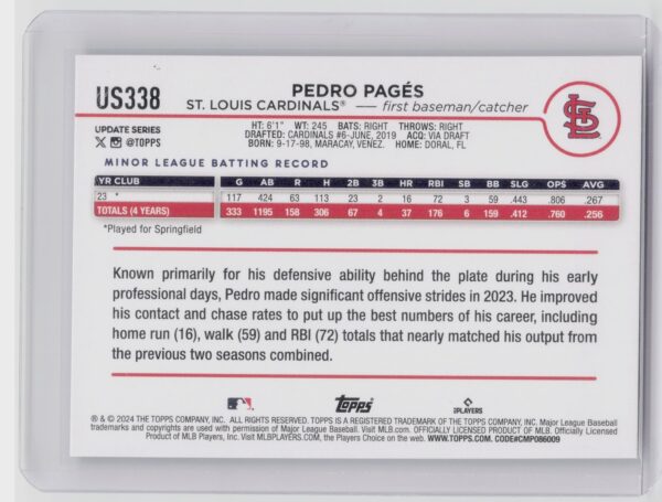 2024 Topps Update Pedro Pages Rainbow Foil #US338 Cardinals - Image 3