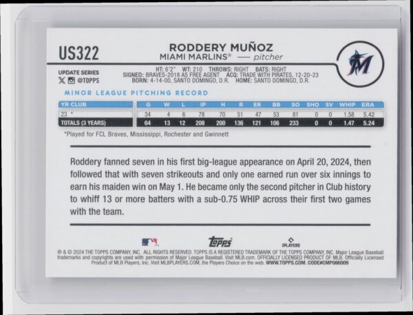 2024 Topps Update Roddery Munoz RC #US322 Marlins - Image 3