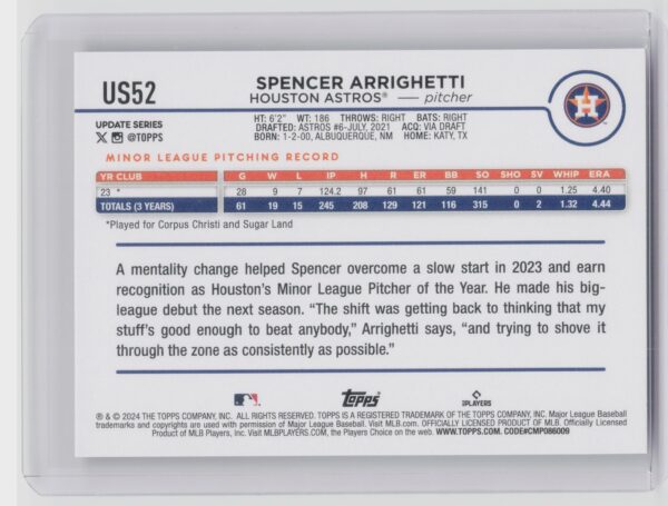 2024 Topps Update Spencer Arrighetti RC #US52 Astros - Image 3
