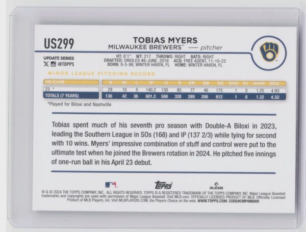 2024 Topps Update Tobias Myers RC #US299 Brewers - Image 3