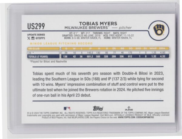 2024 Topps Update Tobias Myers Rainbow Foil #US299 Brewers - Image 3