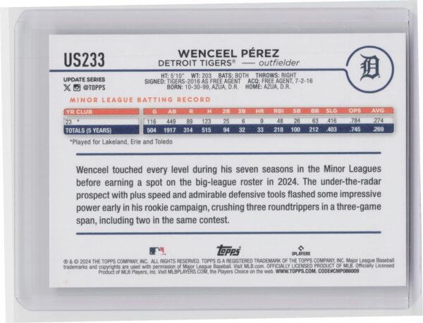 2024 Topps Update Wenceel Perez RC #US233 Tigers - Image 3