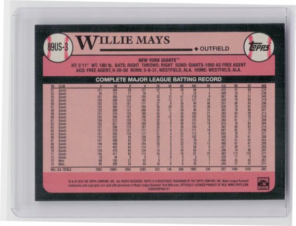 2024 Topps Update Willie Mays #89US-3 Giants 1989 Topps Baseball 35th - Image 3
