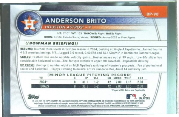 2025 Bowman Anderson Brito #BP-98 Astros Prospects - Image 3