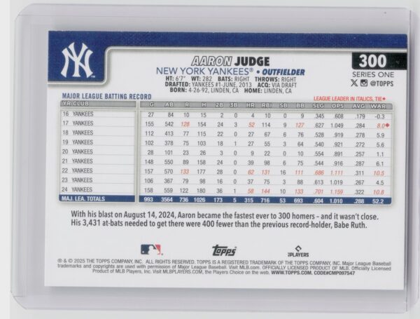 2025 Topps Aaron Judge #300 Yankees - Image 3