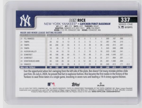 2025 Topps Ben Rice RC #337 Yankees - Image 3