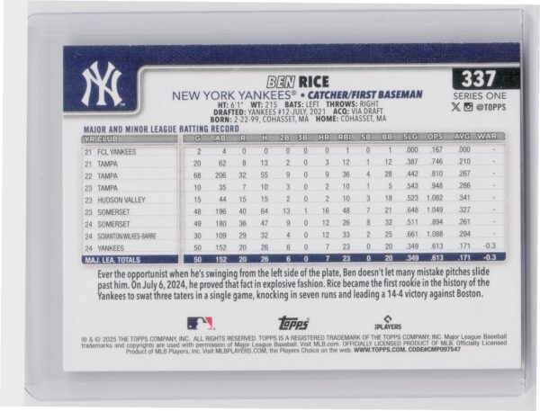 2025 Topps Ben Rice RC #337 Yankees - Image 3