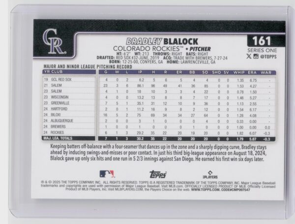 2025 Topps Bradley Blalock RC #161 Rockies - Image 3