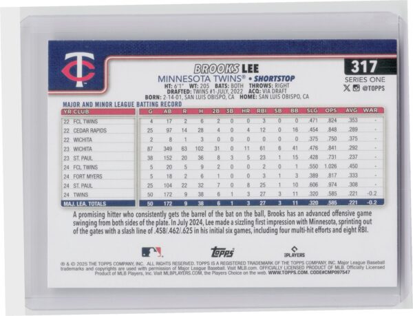 2025 Topps Brooks Lee #317 Twins - Image 3