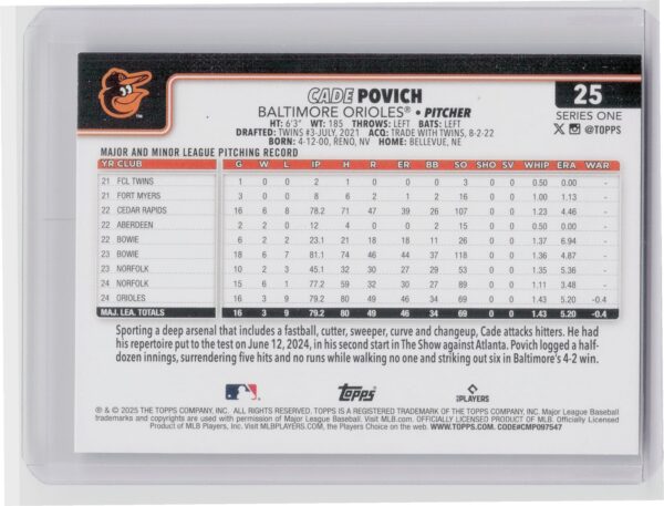 2025 Topps Cade Povich Diamante Foil #25 Orioles - Image 3