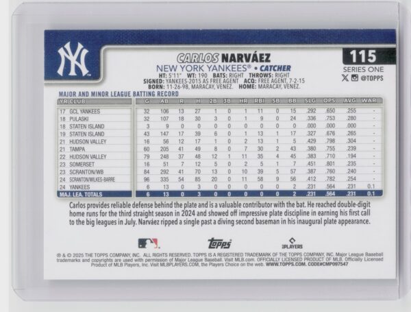 2025 Topps Carlos Narvaez RC #115 Yankees - Image 3