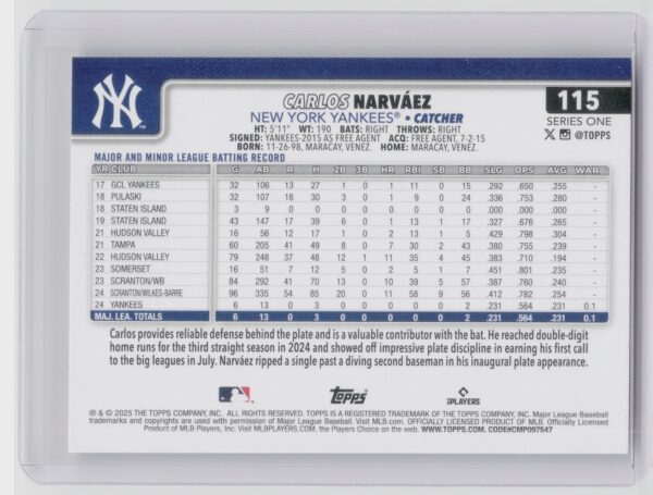 2025 Topps Carlos Narvaez RC #115 Yankees - Image 3