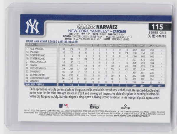 2025 Topps Carlos Narvaez RC #115 Yankees - Image 3