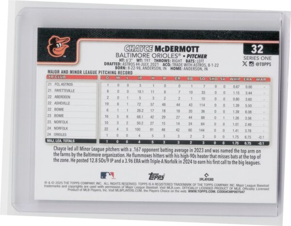 2025 Topps Chayce McDermott RC #32 Orioles - Image 3